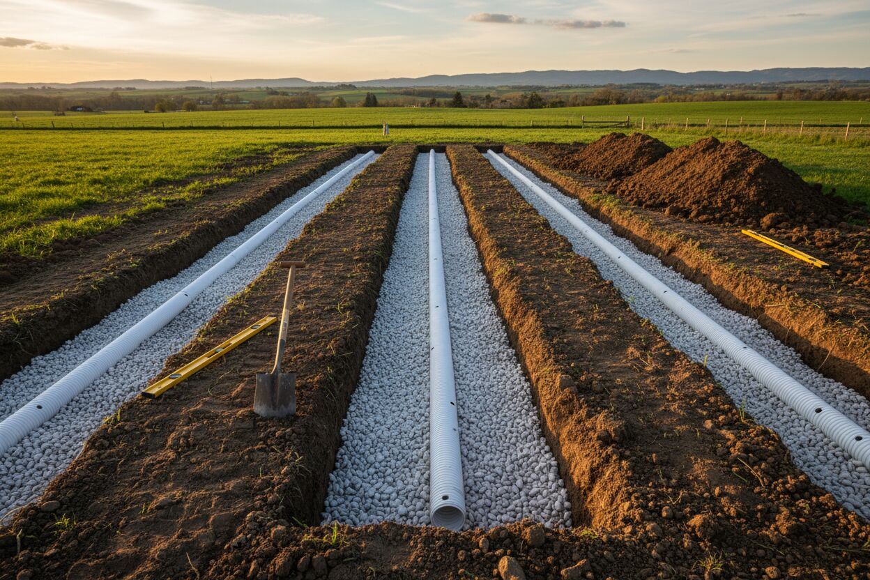 Septic drain field trenches with washed gravel and perforated pipe before backfill