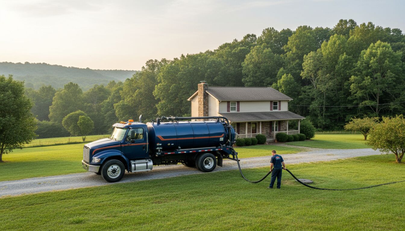 Septic pumping truck parked at a rural home outside Somerset, Kentucky