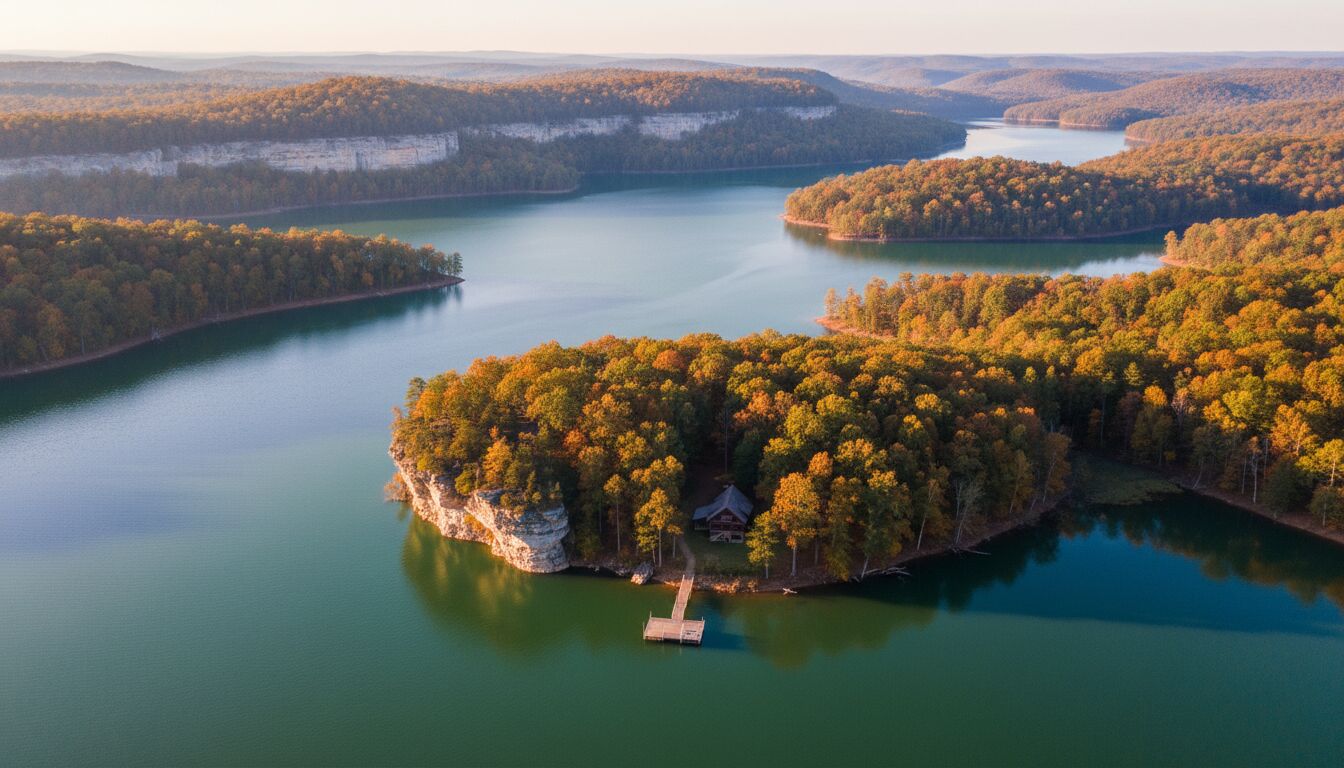 Lake Cumberland shoreline with a dock and wooded ridges near Burnside, Kentucky