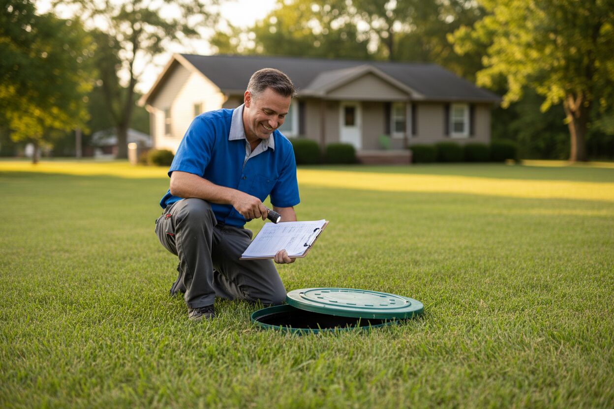 Septic inspector kneeling beside an open septic riser lid with a written checklist