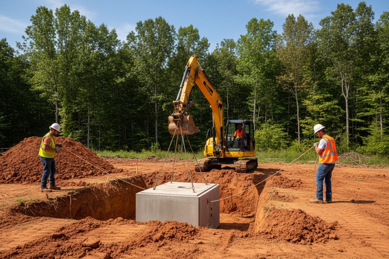 Excavator setting a precast concrete septic tank into an open excavation on a rural lot