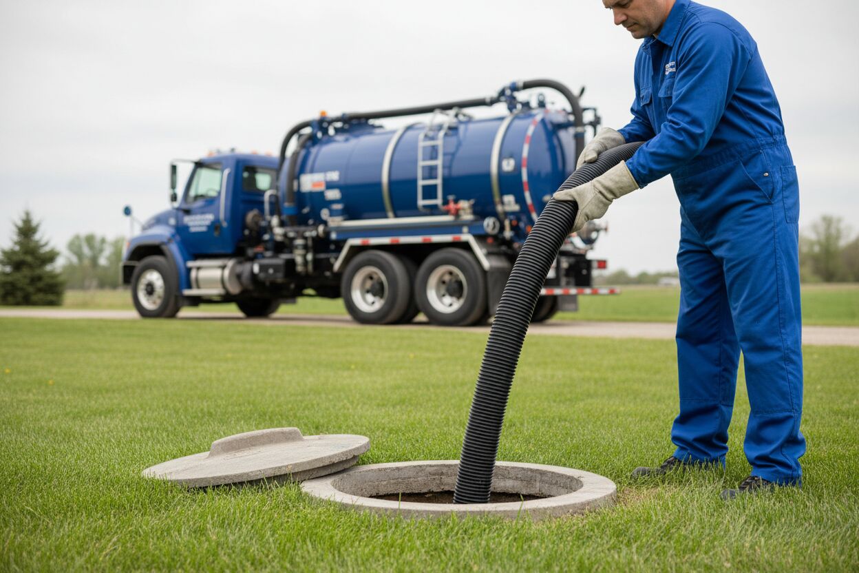 Technician guiding a vacuum hose into an open septic tank access port in a lawn